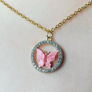 18K Gold Butterfly Pink, Diamond Ring Necklace SS and Matching Earrings